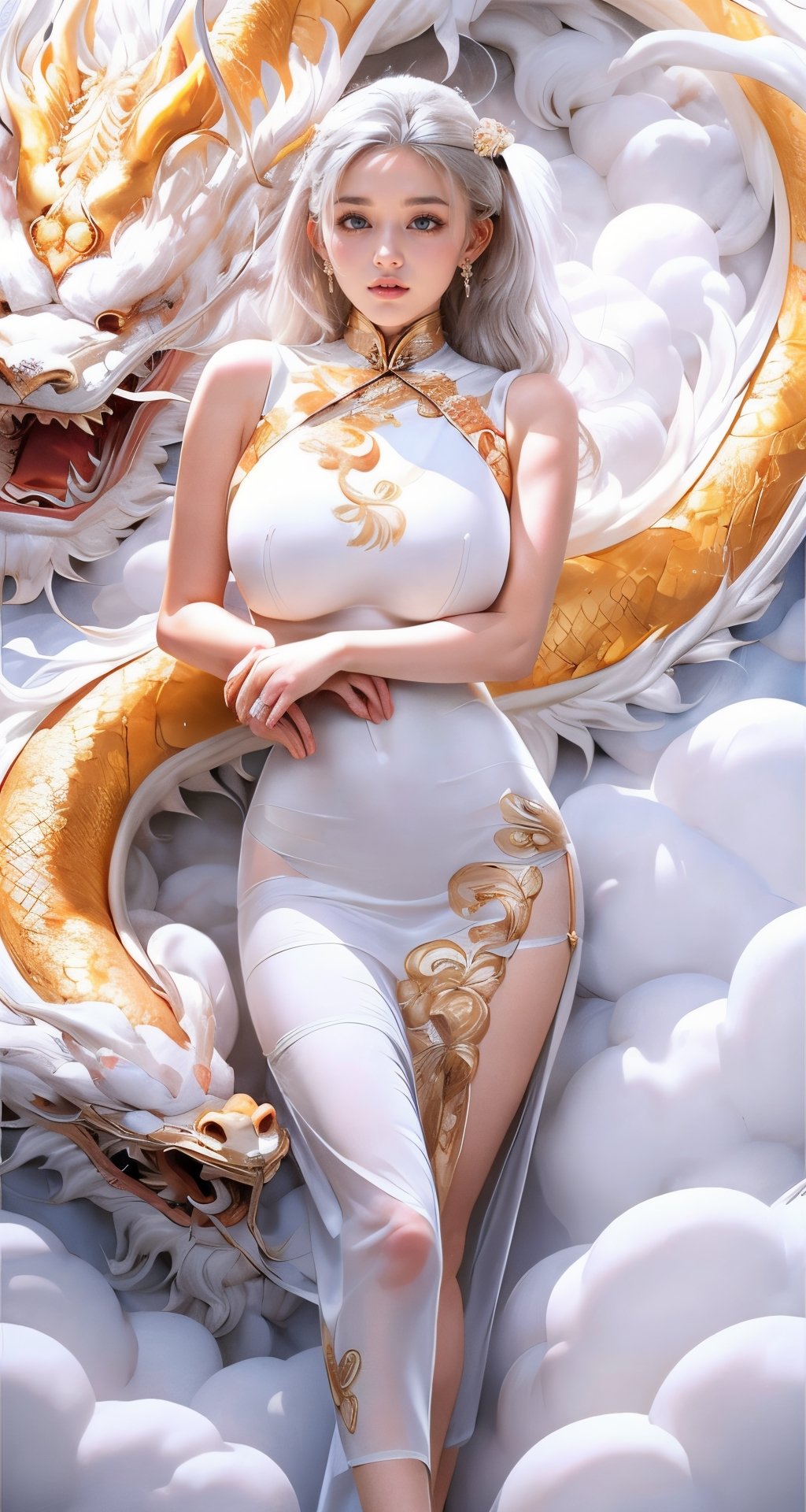 unparalleled masterpiece, perfect artwork, 8k, Ultra realistically, by Alphonse Mucha, art nouveau, (nsfw:1),
(long cheongsam:1) , (transparent and thin dress:1.4), (tight dress:1.3), gold leaf covered, dragonbaby, (chinese dragon:1.3), Gorgeous, (huge breasts :1.2), legs, laying on the dragon, 
extremely detailed, (bangs:1.4), look at viewer,
long hair,  (white hair:1.3), mature female,  (smile:0.8), white skin, skinny,  moles, earrings, China, flowers, floral patterns, color pattern, sunlight, cloud, luxury, twine, ocean, wedding,