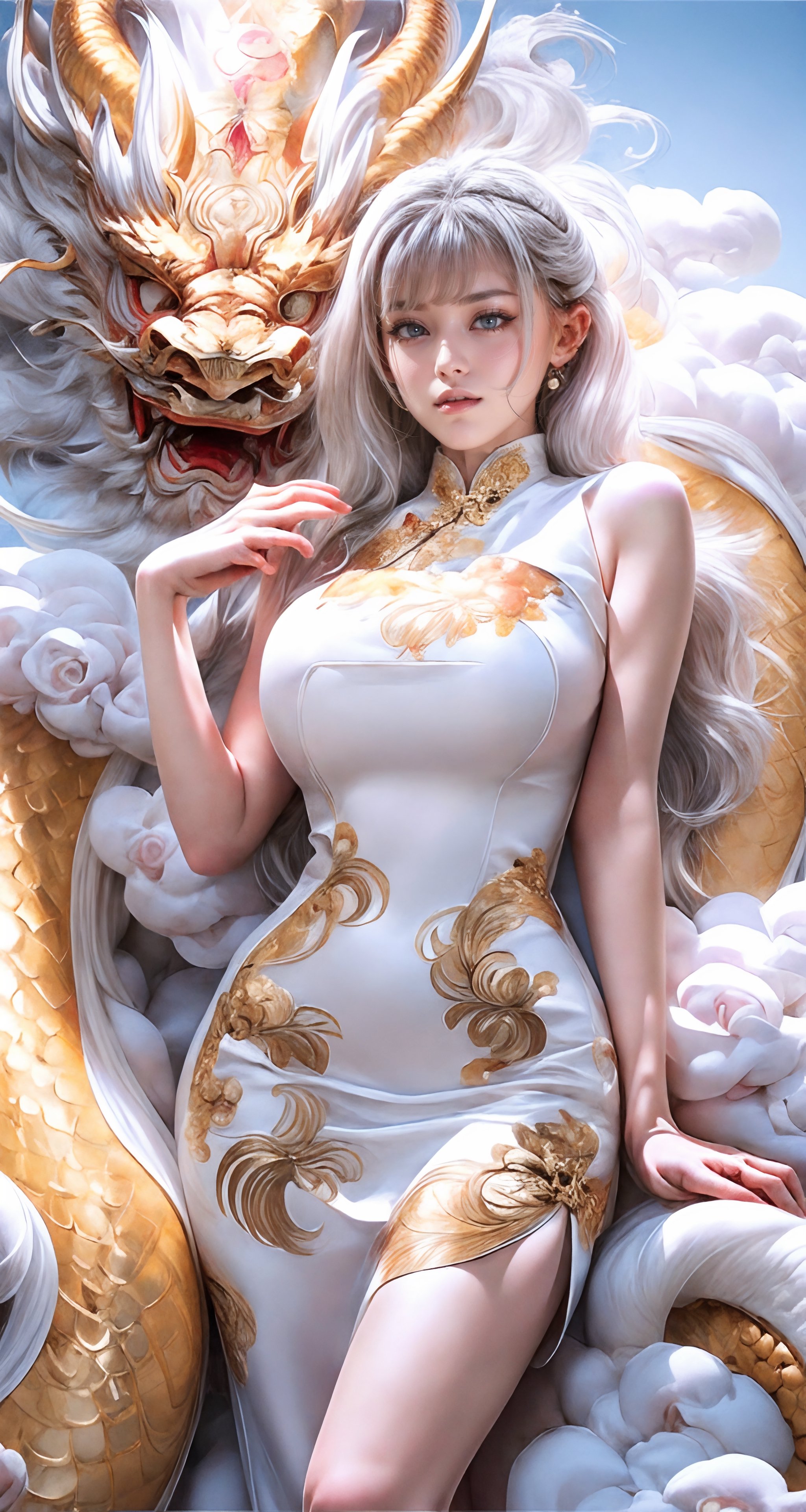 unparalleled masterpiece, perfect artwork, 8k, Ultra realistically, by Alphonse Mucha, art nouveau, 
(long cheongsam:1) , (pearl dress:1.3), (tight dress:1.2), gold leaf covered, dragonbaby, (chinese dragon:1.3), Gorgeous, (huge breasts :1.2), legs,
extremely detailed, (bangs:1.4), look at viewer,
long hair,  (white hair:1.3), mature female,  (smile:0.8), white skin, skinny,  moles, earrings, China, flowers, floral patterns, color pattern, sunlight, cloud, luxury, twine, ocean, wedding,