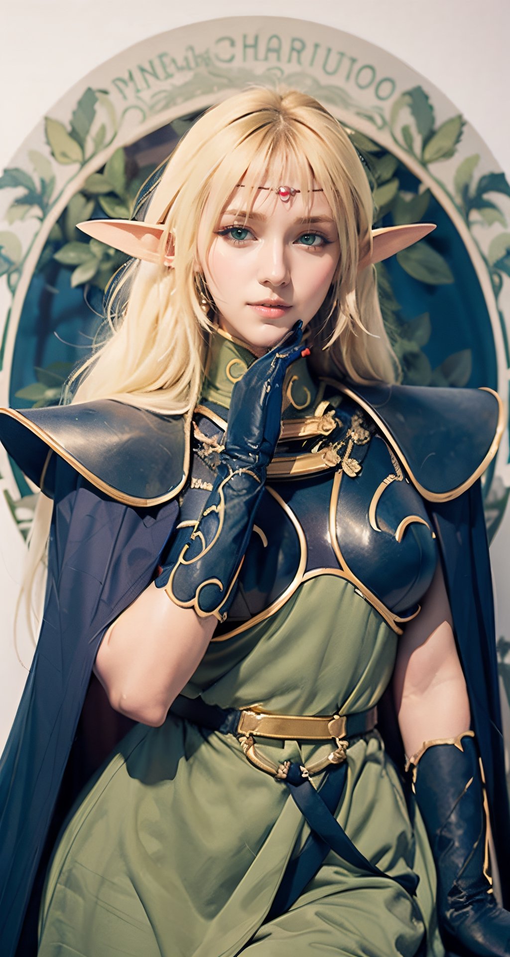 photograph, 8k, Ultra realistic, by Alphonse Mucha, art nouveau, 
pointy ears, blonde hair, long hair, elf, circlet, green eyes, long pointy ears, very long hair, breasts, medium breasts, earrings, lips, makeup, bangs,
cape, armor, blue cape, shoulder armor, pauldrons, gloves, breastplate, belt, green dress, short dress,
ANI_CLASSIC_deedlit_ownwaifu,