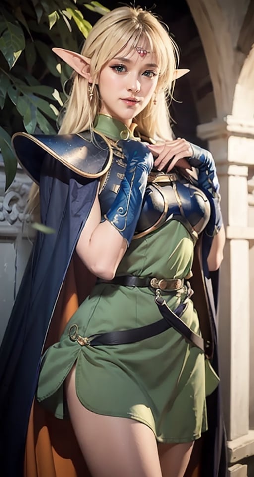 photograph, 8k, Ultra realistic,
pointy ears, blonde hair, long hair, elf, circlet, green eyes, long pointy ears, very long hair, breasts, medium breasts, earrings, lips, makeup, bangs, slender eyes, straight hair,
smile,
cape, armor, blue cape, shoulder armor, pauldrons, gloves, breastplate, belt, green dress, short dress,
ANI_CLASSIC_deedlit_ownwaifu, www.ownwaifu.com,