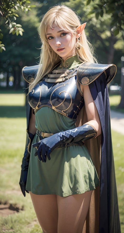 photograph, 8k, Ultra realistic,
pointy ears, blonde hair, long hair, elf, circlet, green eyes, long pointy ears, very long hair, breasts, medium breasts, earrings, lips, makeup, bangs, slender eyes,
cape, armor, blue cape, shoulder armor, pauldrons, gloves, breastplate, belt, green dress, short dress,
ANI_CLASSIC_deedlit_ownwaifu,