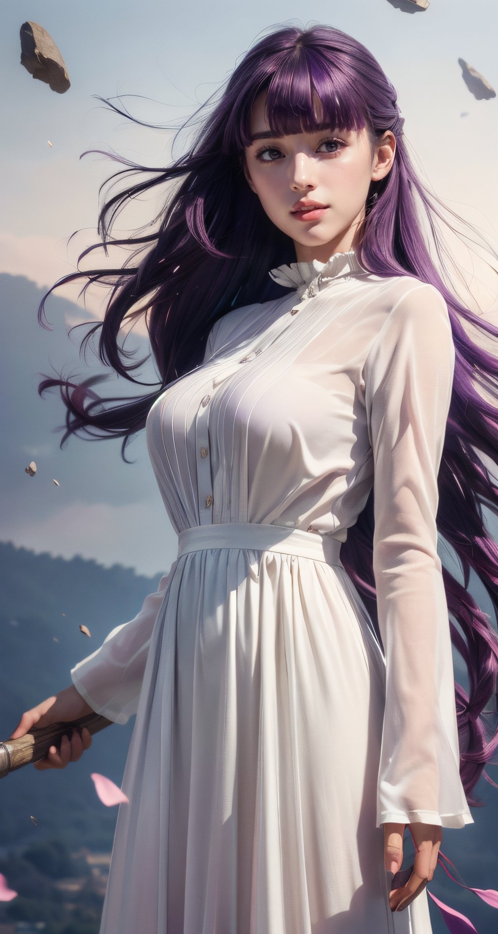 photograph, 8k, Ultra realistic, (holding:1.3), (long staff:1.6),
(dark_purple hair:1.3), (large breasts:1), long hair, purple eyes, very long hair, lips, makeup, (blunt bangs), straight hair, mature female, (skinny:1), 
blush, 
long dress, white dress, black robe, long skirt, long sleeves,
outdoor, (full body:1.6), flying, (body floating:1.5),
flower, petals,

extremely detailed, Bright_Front_face_Lighting,shiny skin, (masterpiece:1.0),(best_quality:1.0), ultra high res,4K,ultra-detailed, photography, 8K, HDR, highres, (absurdres:1.2), Kodak portra 400, film grain, lens flare, (vibrant_color:1.2),professional photograph, (beautiful_face:1.5),