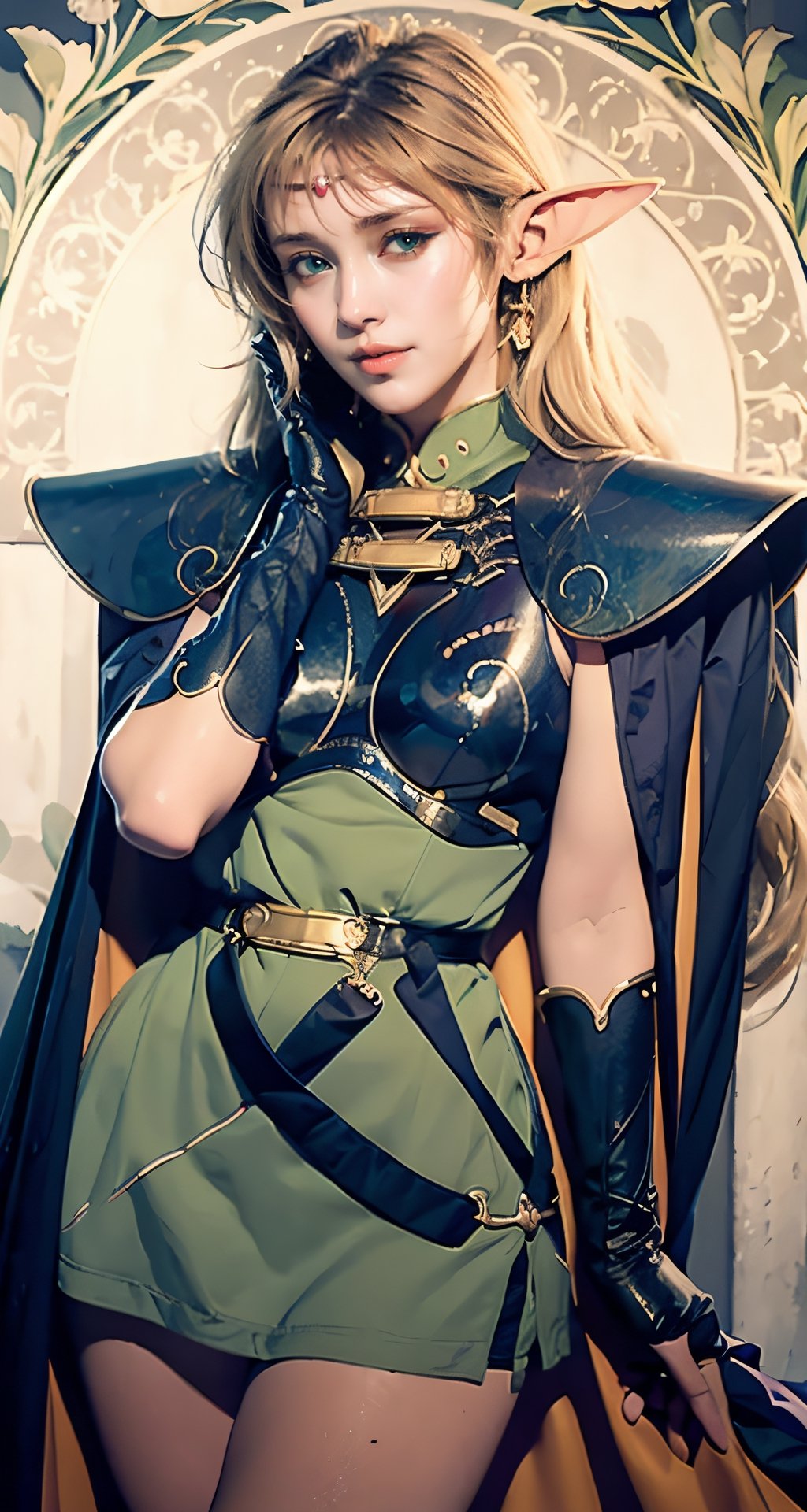 photograph, 8k, Ultra realistic, by Alphonse Mucha, art nouveau, 
pointy ears, blonde hair, long hair, elf, circlet, green eyes, long pointy ears, very long hair, breasts, medium breasts, earrings, lips, makeup, bangs,
cape, armor, blue cape, shoulder armor, pauldrons, gloves, breastplate, belt, green dress, short dress,
ANI_CLASSIC_deedlit_ownwaifu,