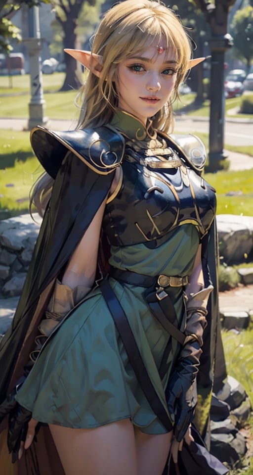 photograph, 8k, Ultra realistic,
pointy ears, blonde hair, long hair, elf, circlet, green eyes, long pointy ears, very long hair, breasts, medium breasts, earrings, lips, makeup, bangs, slender eyes, straight hair,
smile,
cape, armor, blue cape, shoulder armor, pauldrons, gloves, breastplate, belt, green dress, short dress,
ANI_CLASSIC_deedlit_ownwaifu, www.ownwaifu.com,