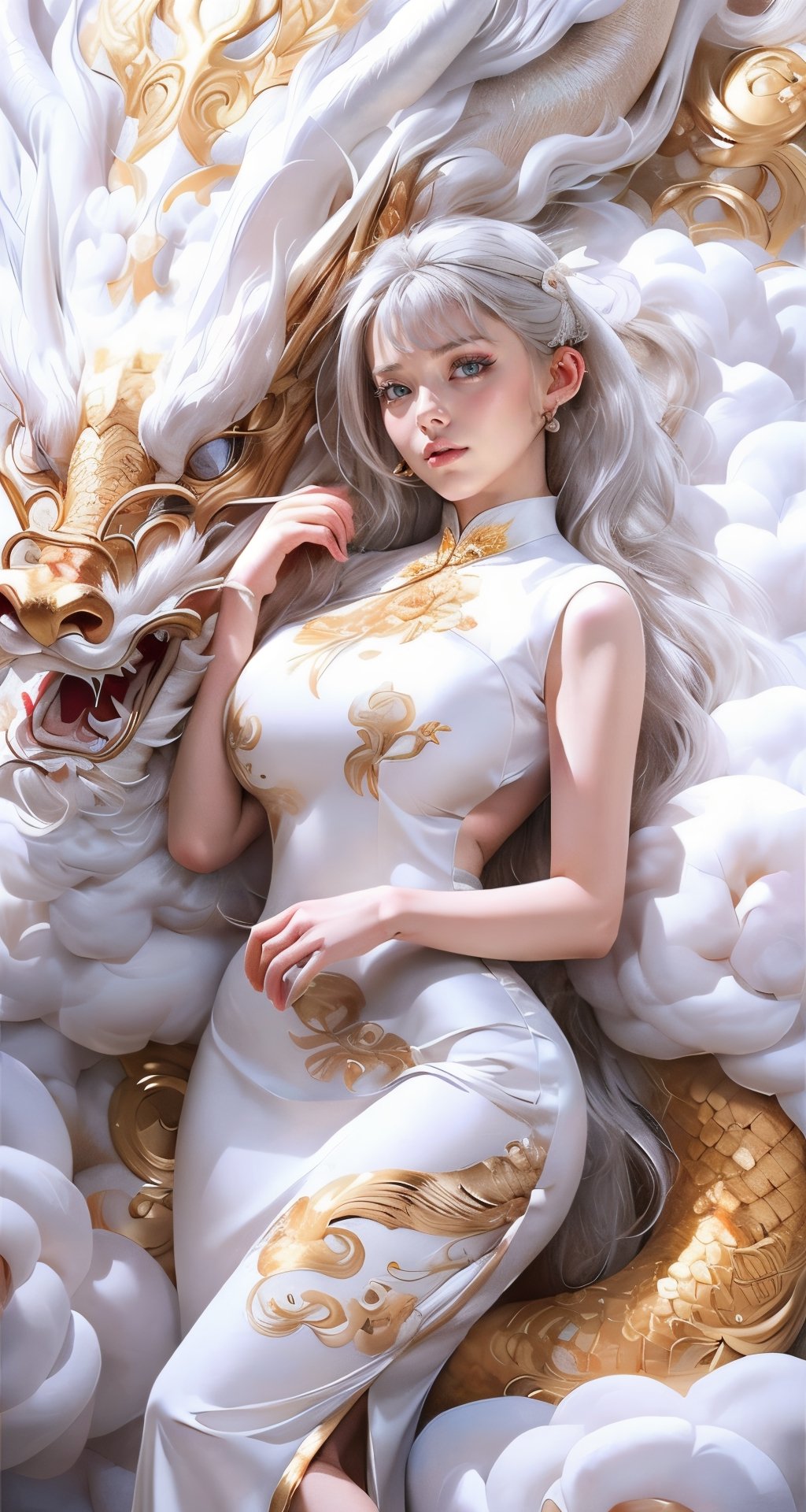 unparalleled masterpiece, perfect artwork, 8k, Ultra realistically, by Alphonse Mucha, art nouveau, 
(long cheongsam:1) , (pearl dress:1.4), (tight dress:1.2), gold leaf covered, dragonbaby, (chinese dragon:1.3), Gorgeous, (huge breasts :1.2), legs, laying on the dragon, 
extremely detailed, (bangs:1.4), look at viewer,
long hair,  (white hair:1.3), mature female,  (smile:0.8), white skin, skinny,  moles, earrings, China, flowers, floral patterns, color pattern, sunlight, cloud, luxury, twine, ocean, wedding,