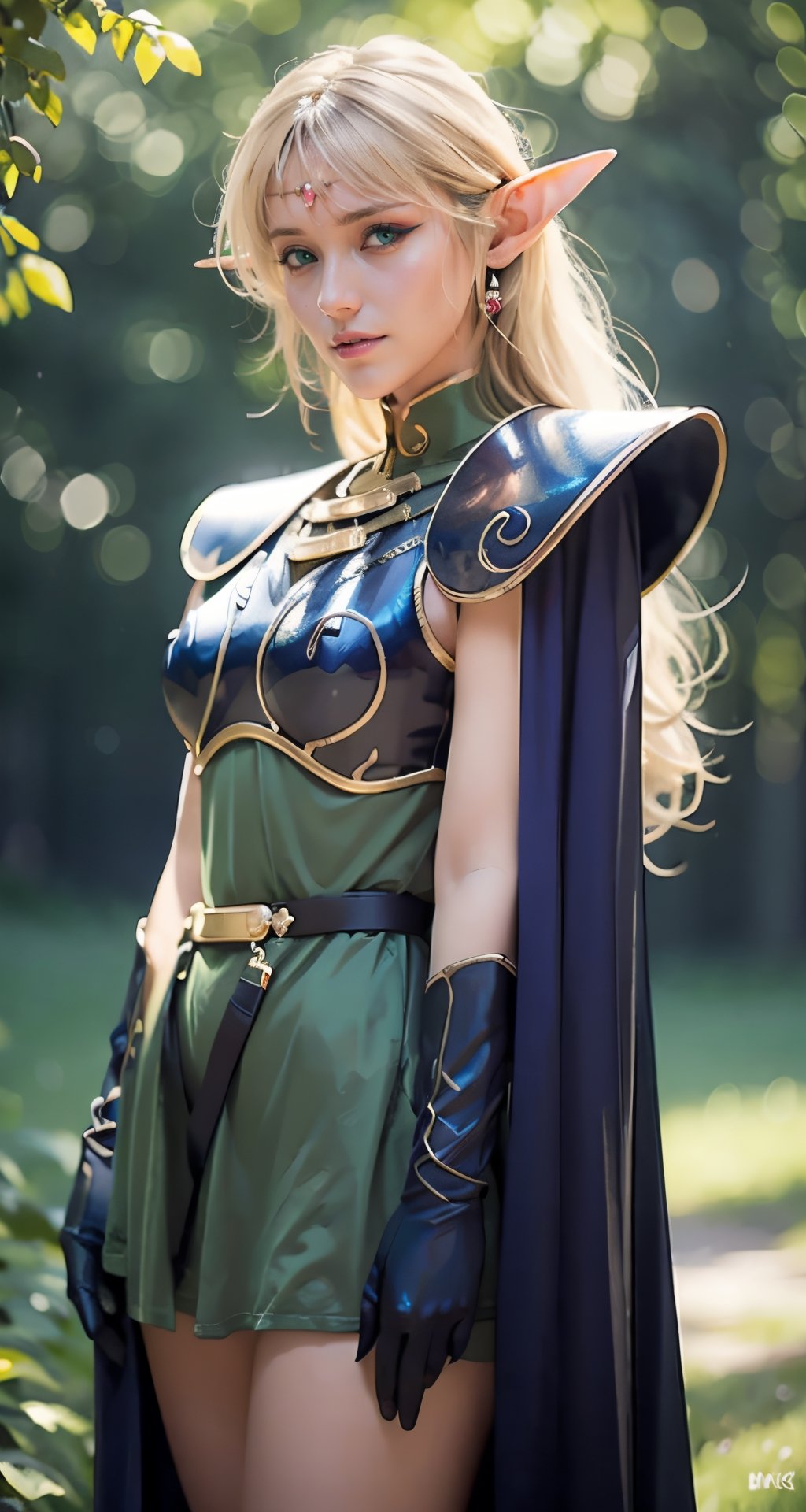 photograph, 8k, Ultra realistic,
pointy ears, blonde hair, long hair, elf, circlet, green eyes, long pointy ears, very long hair, breasts, medium breasts, earrings, lips, makeup, bangs, slender eyes,
cape, armor, blue cape, shoulder armor, pauldrons, gloves, breastplate, belt, green dress, short dress,
ANI_CLASSIC_deedlit_ownwaifu,