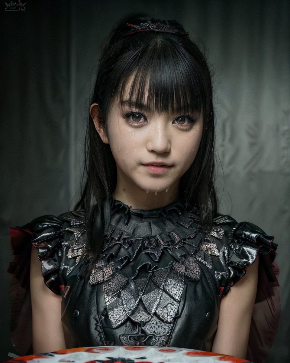 Babymetal, Suzuka Nakamoto, cum on face, rock outfit, legs spread wide, photorealistic painting,  (((full body portrait))),  stunningly attractive,  ((highly detailed face)),  intricate,  8k,  highly detailed,  volumetric lighting,  intense,  sharp focus,  ((detailed eyes)),Detailedface,High detailed,Masterpiece,sks woman,bukkake,N4K4M0T0