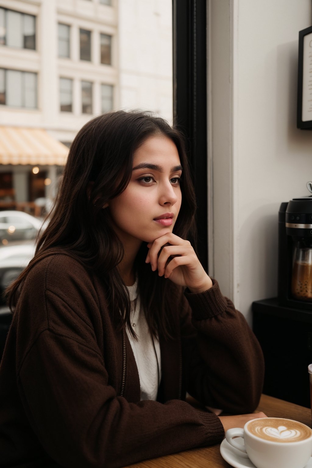 cozy coffee shop ambiance with a beautiful young girl enjoying a quiet moment. Hip, relaxed, stylish, youthful, cozy. Film camera. Portrait lens. Late afternoon. Lifestyle coffee portrait. Classic black and white film.