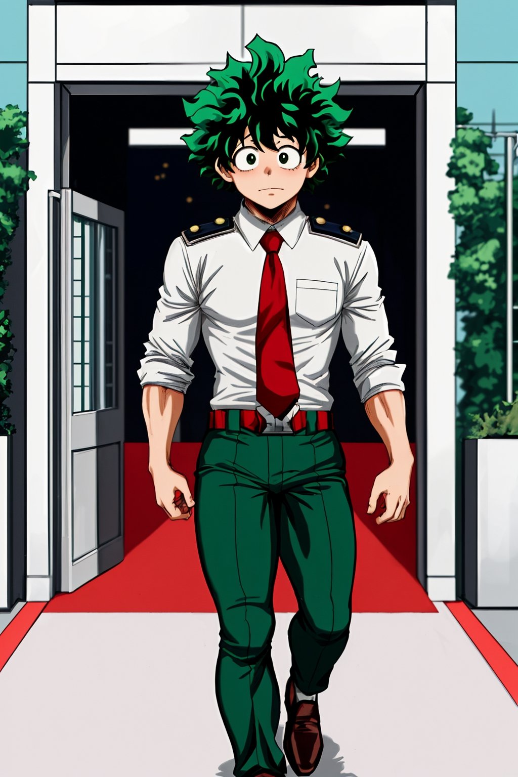 great general plan,1boy, Izuku from boku no hero academia, muscle , defined body, white_shirt, cyan_pants, red tie, brown shoes, in front of the entrance to a school,Green eyes 