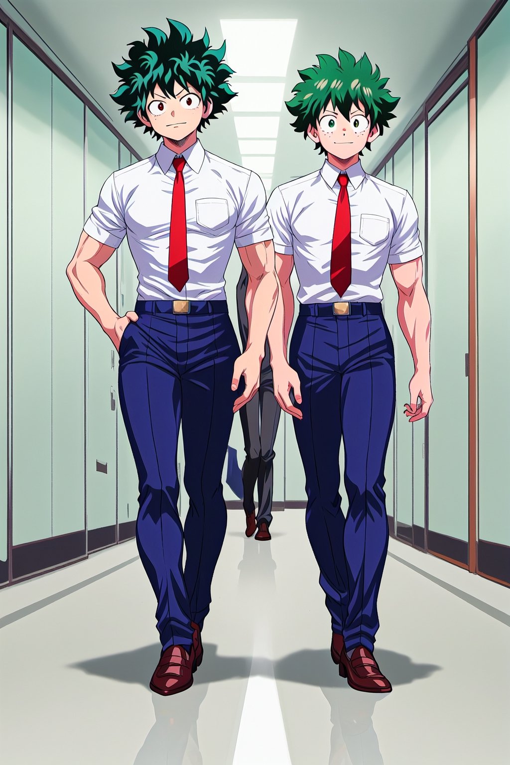 detailed image, medium shot, two boy with intense black hair, intense red eyes, muscular, serious, dressed in a white shirt, red tie, blue pants and brown shoes, accompanied by Izuku midoriya from boku no hero academia, with green eyes, freckles, happy a white shirt, red tie, blue pants and brown shoes, in the school hallways.