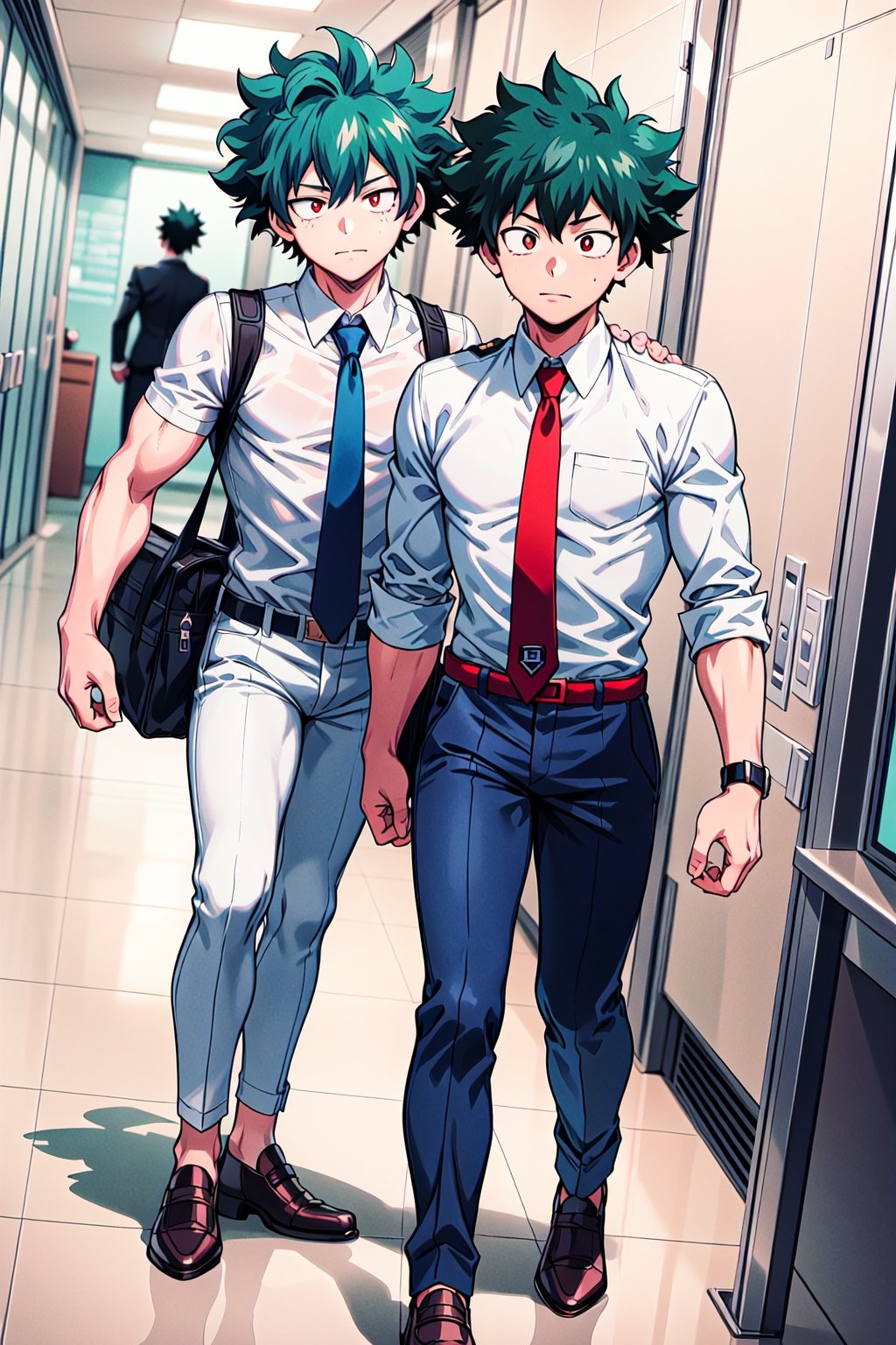 detailed image, medium shot,  two boy from Boku no hero academia with intense black hair, intense red eyes, muscular, dressed in a white shirt, red tie, blue pants and brown shoes, accompanied by Izuku midoriya from boku no hero academia, with with a white shirt, red tie, blue pants and brown shoes, in the school hallways.