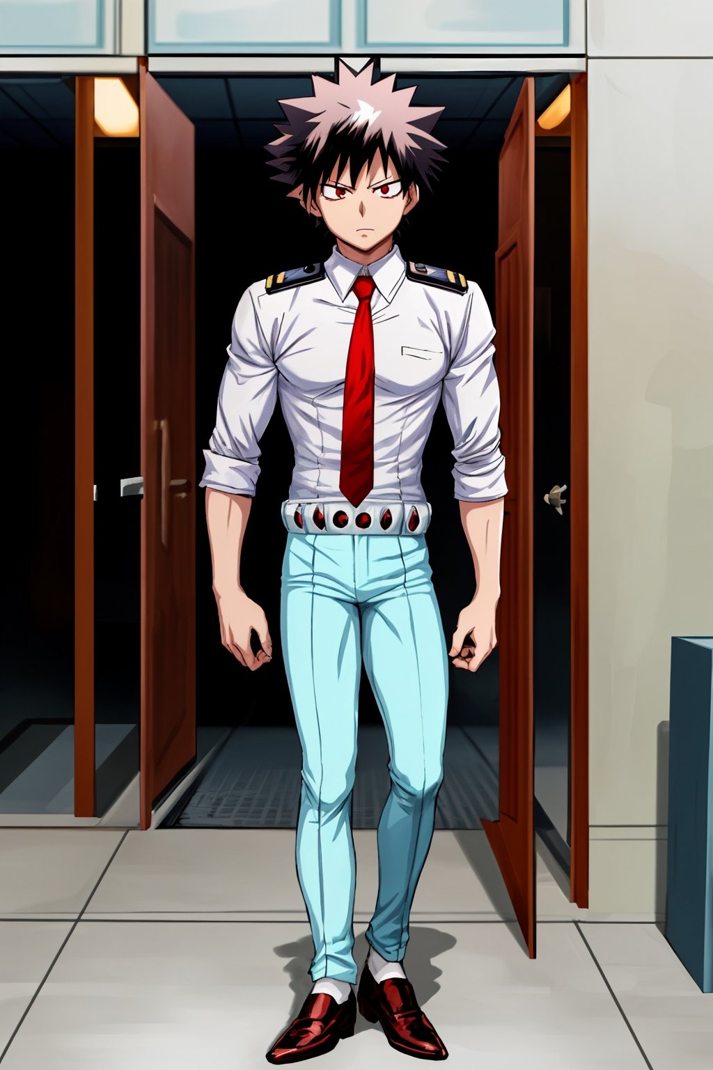 great general plan, a boy from boku no hero academia, red eyes, black hair, defined body, white_shirt, cyan_pants, red tie, brown shoes, in front of the entrance to a school