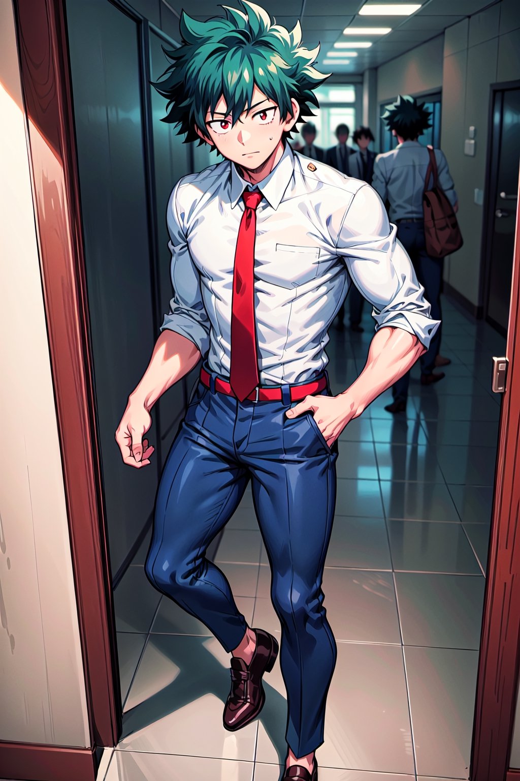 detailed image, medium shot, boy from Boku no hero academia with intense black hair, intense red eyes, muscular, dressed in a white shirt, red tie, blue pants and brown shoes, accompanied by Izuku midoriya from boku no hero academia, with with a white shirt, red tie, blue pants and brown shoes, in the school hallways.