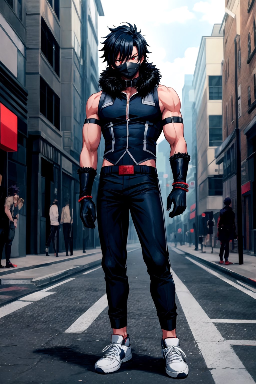 Detailed image, beautiful, high quality, (full shot) 1 boy alone, from Boku no Hero, black hair, red eyes, muscular, vest with black sleeves with a dark fur collar with black metal gloves, black mask, dark blue pants with metal anklets, sneakers, on the streets of a city.
