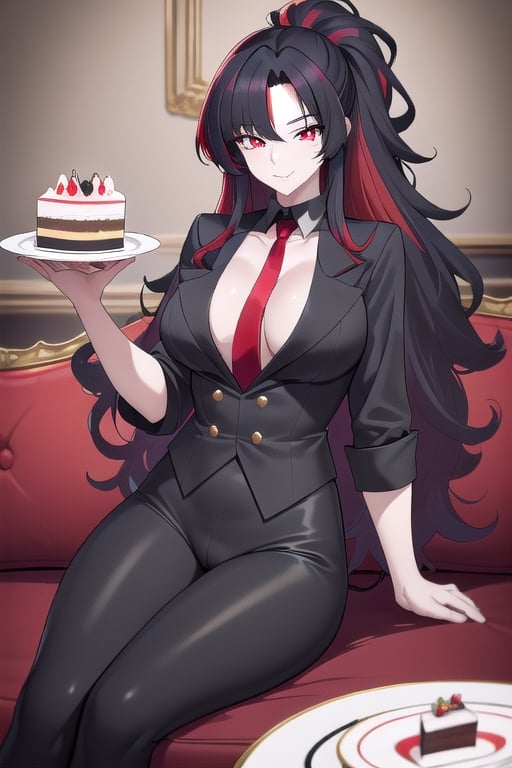 woman with long hair, messy hair, bicolor hair of 2 colors: Red and black one on each side of the hair, red hair on the left, black hair on the right, big chest, red eyes, wearing a black suit with shirt white, red tie, elegant black pants, holding a plate with cake, flirtatious smile. Background: A sofa in a living room