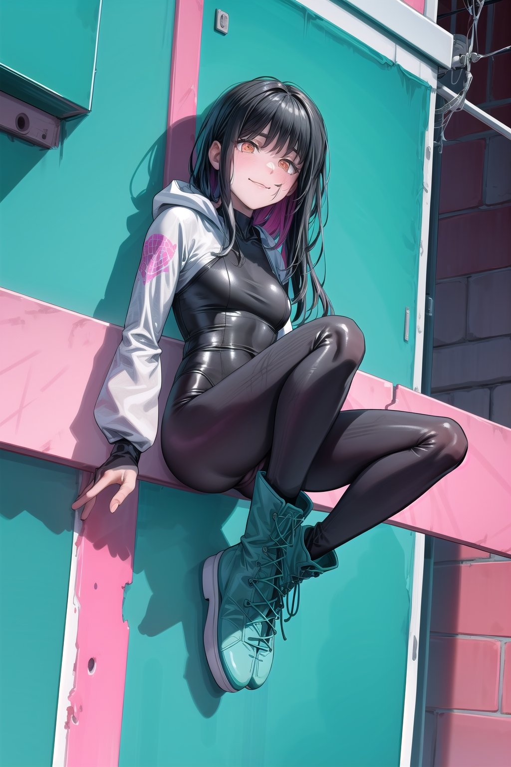 High quality, masterpiece, beautiful, highly detailed, young woman with long hair, black hair, orange eyes, ringed eyes, scar on face above nose, white spider suit, full body suit, black jumpsuit with white areas with a spider. design, a white hoodie with magenta inner lining with cyan spider web patterns, combining magenta and cyan designs on her arms and cyan on her boots, flirty smile, blush on her cheeks, Background: sitting on a building