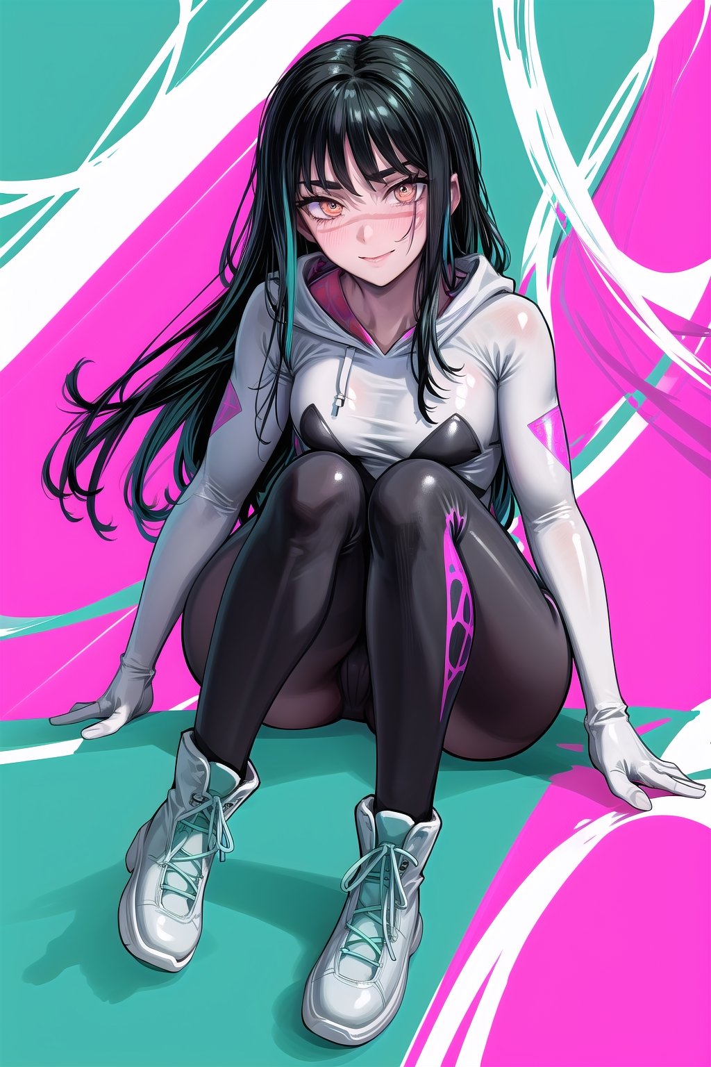 High quality, masterpiece, beautiful, highly detailed, young woman with long hair, black hair, orange eyes, ringed eyes, scar on face above nose, white spider suit, full body suit, black jumpsuit with white areas with a spider. design, a white hoodie with magenta inner lining with cyan spider web patterns, combining magenta and cyan designs on her arms and cyan on her boots, flirty smile, blush on her cheeks, Background: sitting on a building