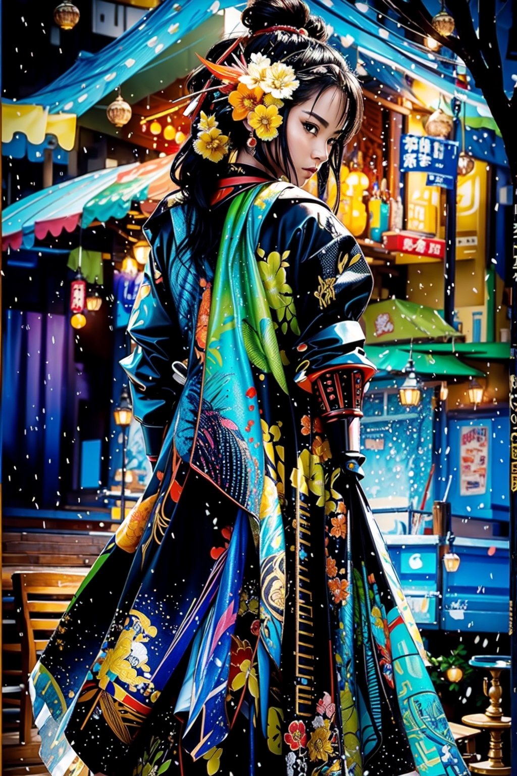  woman wearing a black samurai clothing, looked from behind, looked from the back, with her back straight, masterpiece, sharp focus, best quality, depth of field, cinematic lighting, ((solo, landscape )), (illustration, 8k CG, (extremely detailed), masterpiece, ultra-detailed, one girl, (crystals:1.2), (shining:1.1), (multicolors:1.3),  soaking wet, full body shot. 