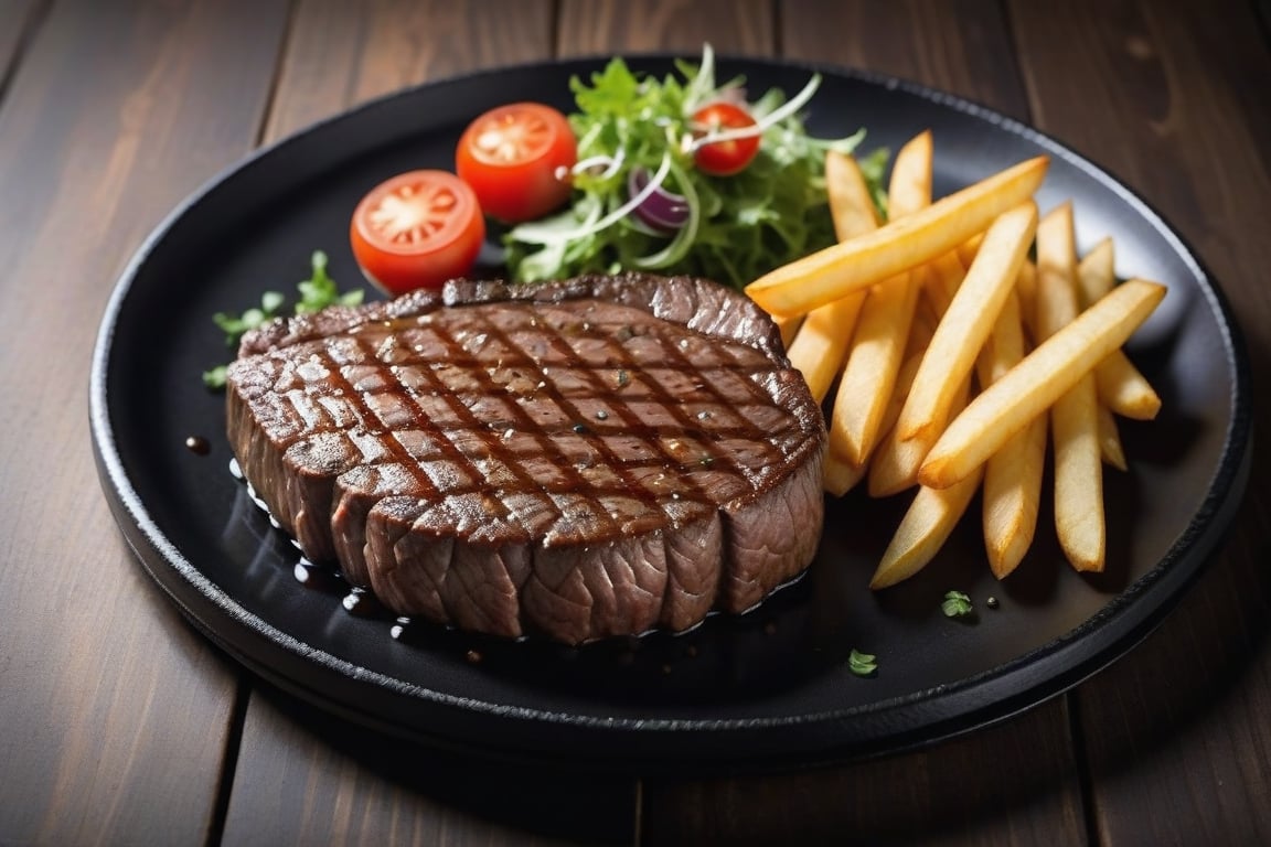 Beef steak, perfectly cooked, on a black plate, decorated beautifully. There were french fries on the plate. There are a few salad vegetables and tomatoes placed on a wooden table, giving the atmosphere of an English restaurant. high resolution images Use a macro lens to take beautiful photos with beautiful light.