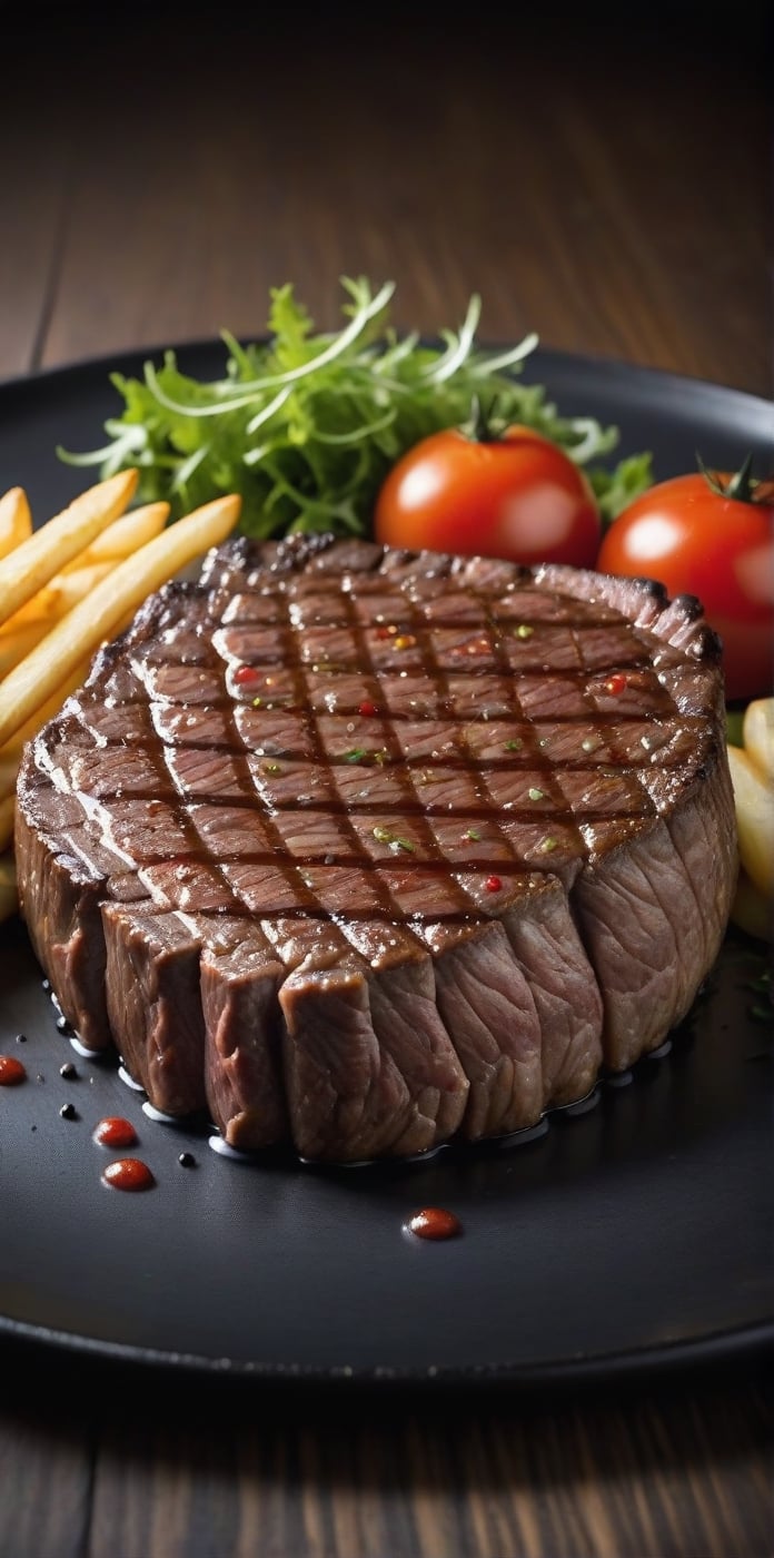 Beef steak, perfectly cooked, on a black plate, decorated beautifully. There were french fries on the plate. There are a few salad vegetables and tomatoes placed on a wooden table, giving the atmosphere of an English restaurant. high resolution images Use a macro lens to take beautiful photos with beautiful light.