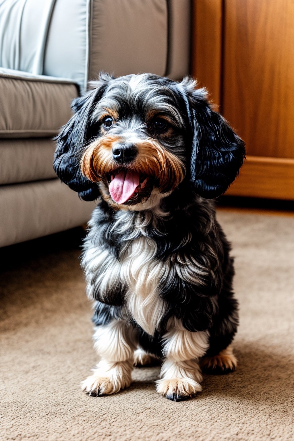 cute, small dog, puppy, schnauzer, fluffy, black-silver color, tongue out