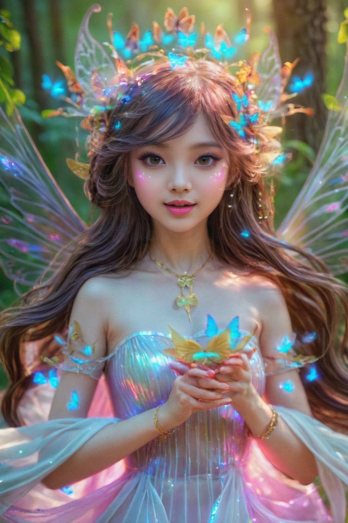 Beautiful little Thai fairy front view, white skin with aura, pink mouth, long straight hair, beautiful brown eyes with special details with flying holographic flow, holographic long dress, wonderful forest with fine details, butterflies, small fireflies, stunning beautiful faces, focus on the face, dynamic gestures, holograms, light particles, illustrations with special details by loish and artgerm, wlop, sharpness of hitting, 32k resolution, volumetric light, "best quality"