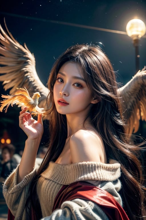  Hyperrealistic portrait of Create a
Realisti, 3D image of Create lifelike images with high-definition details in 8K Digital oil A beautiful Chinese woman with white long hair, wearing an off-shoulder top, with phoenix eyes, walking under the moonlight, chAarming, caressing a phoenix beautiful The scene should be serene, with soft colors, ethereal aesthetics, and fantasy realism  oil painting shine.



