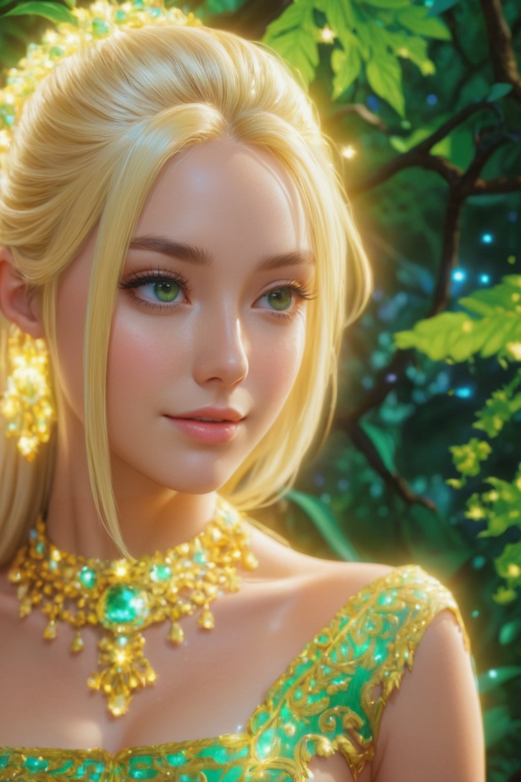 A beautiful blonde with long hair stands in front of a lush green tree.lots of detail,8K,hyperdetalization,Greg Rutkowski style, close-up starlight anime sdxl,style