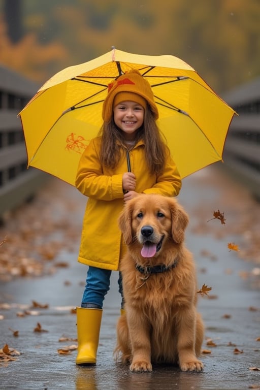 a young girl and her dog in a puddle. The girl is wearing a yellow raincoat, blue jeans, and yellow rain boots. She is holding a bright yellow umbrella with a red and orange pattern. The dog is a golden retriever with a black collar and is sitting in the puddle with its tongue hanging out. The background is a wooden bridge with autumn leaves falling from the sky. The overall mood of the image is cheerful and playful