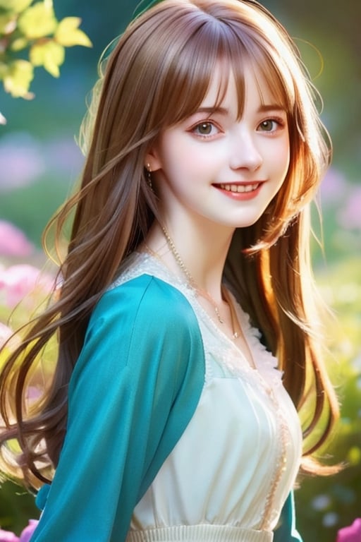 Beautiful, soft light, (beautiful and delicate eyes), very detailed, pale skin, big smile, (long hair), dreamy, medium chest, female 1, ((front shot)), bangs, soft expression, height 170, elegant , Bright smile, 8k art photo, photorealistic concept art, realistic, person, small necklace, small earrings, fantasy, jewelry, shyness, dreamy soft image, masterpiece, ultra high resolution, skirt, shirt, jacket, color , (both eyes (winds gently), (raises head slightly and looks immersed in happy thoughts),colorful,photo r3al