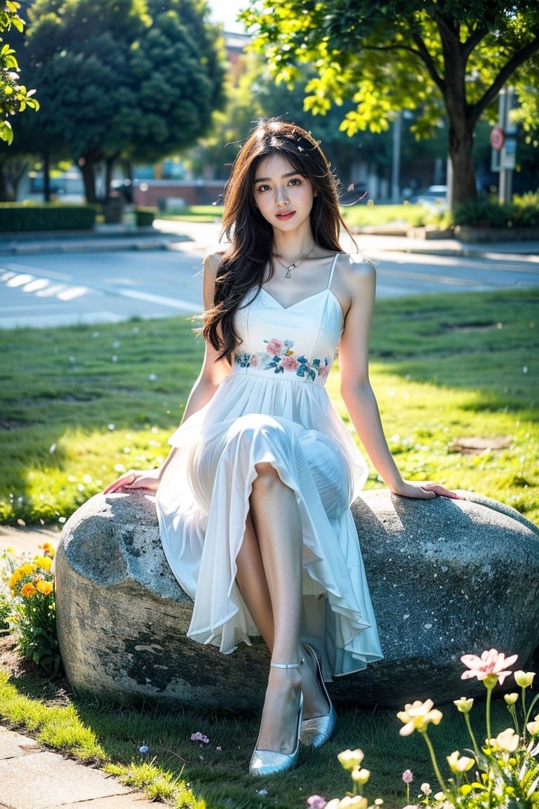 A mesmerizing girl sitting on a rock and a field full of flowers. (Masterpiece, top quality, best quality, official art, beautiful and aesthetic:1.2), (1girl:1.4), portrait, extreme detailed, highest detailed, photorealistic, blue sky, white cloud, yellow dress, smile, happy, full body shot