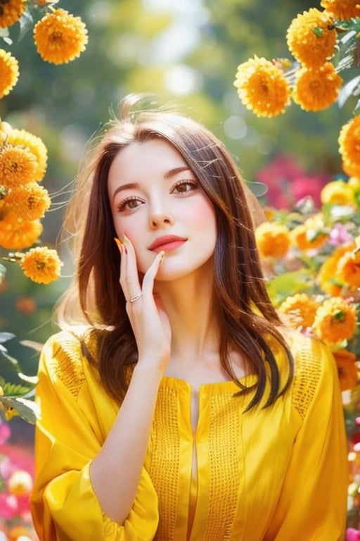 A woman stands in a flower surrounded by yellow petals. She is wearing a ring with her hand on her face and appears to be looking up. The flowers are brightly colored and create a beautiful backdrop to the scene.