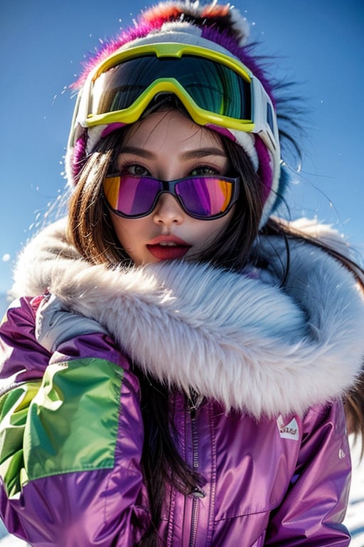  Hyperrealistic portrait of Create a
Realisti, 3D image of Create lifelike images with high-definition details in 8K UHD. A wide-angle shot of a snowy mountain landscape, with men and women having fun on the snow. In the foreground, an energetic and agile South Korean woman is skiing at high speed towards the audience, performing challenging ski stunts with perfect style. She wears an oversized pink ski jacket, reflective green pants, and a purple fur hat with the orange lettering 'SCRAPER'. Large, rainbow-colored goggles with white frames cover her eyes, reflecting the bright snow. Behind her, images of people skiing are blurred, and several giant pine trees line the background, adding to the winter atmosphere.

