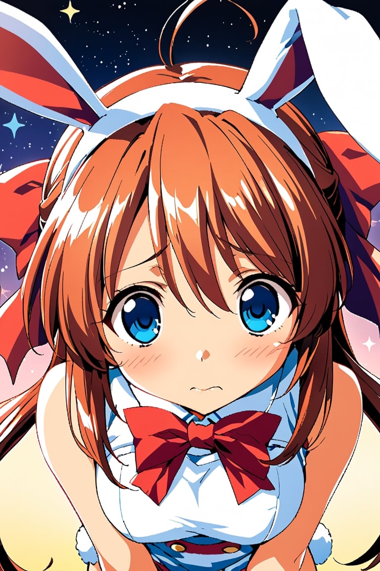 1girl, solo,Kanzaki Aoi_HCG (TRUE BLUE)

orangered and Long Hair, big Red Ribbon hairband on back of head,

Big eyes, Blue Eyes,

big_boobies, 

bunny_costume, bunny_ears

from above, leaning forward

closed mouth, very shy expression,  Blush,


starry_background,
close-up, upper_body, 
illustration, detailed, best quality, 
depth of field, expressive, Official Art, illustration, 



,Kanzaki Aoi_HCG (TRUE BLUE)