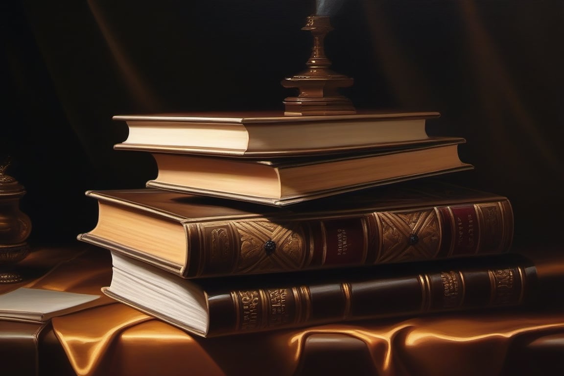 Realistic oil painting of a stack of books with intricate details, by Luca Giordano, warm lighting, vintage feel, long shot, realistic textures and colors