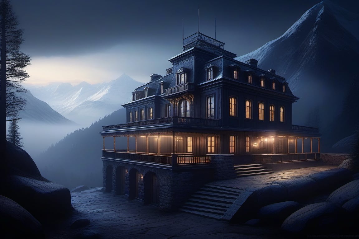 Mysterious and eerie concept art of a hotel situated near a mountain, inspired by the novel "By the Dead Mountaineer's Hotel" by Boris and Arkady Strugatsky, realistic rendering with dark shadows and foggy atmosphere, created in Unreal Engine 4 or Unity, trending on ArtStation.,2d game scene