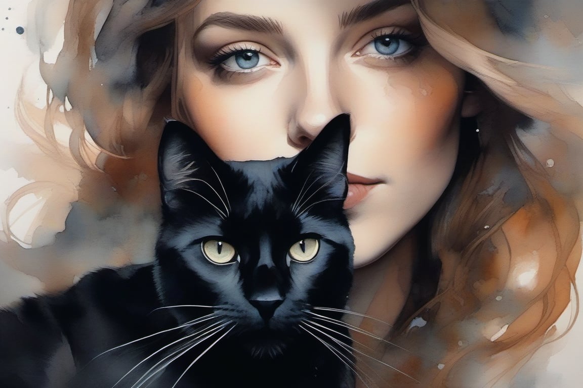  a dark blonde woman and her black cat, muted colors, warm colors, best quality, delicate brushwork, Agnes Cecile, highly detailed, intricate details