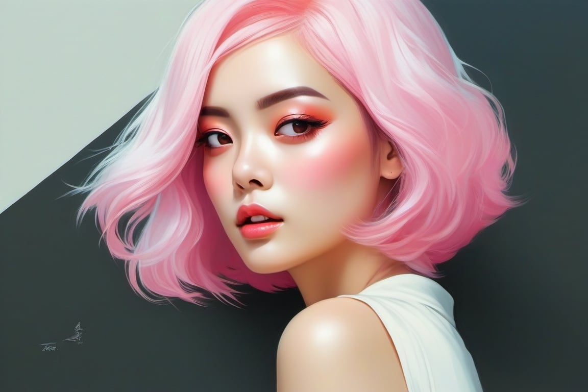 Sexy portrait painting beautiful woman with pink hair, medium shot, asymmetrical, profile picture, Organic Painting, sunny day, matte painting, bold shapes, hard edges, street art, trending on artstation, by Huang Guangjian and Gil Elvgren and Sachin Teng