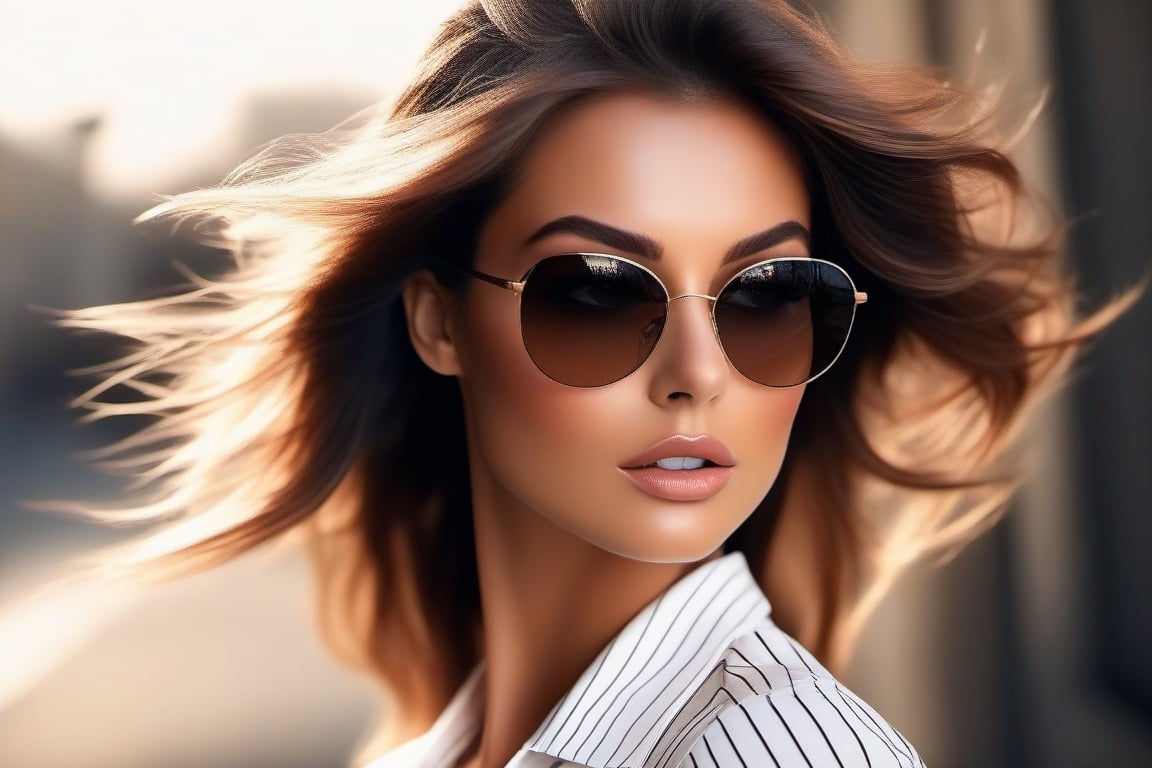 hyperrealism , visible brush strokes, medium length shot, gorgeous woman, wind in her hair, sunglasses with brown and black colored lenses , visible eyes, beautiful, realistic, white blouse, dynamic pose, cinematic composition