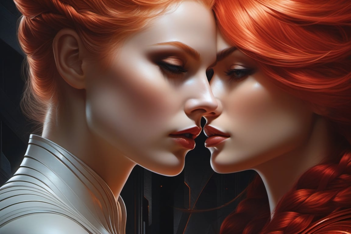 couple in love, redhead female , blond male,
Red-haired
  perfect face, character portrait, complex, oil on canvas, masterpiece, expert, insanely detailed, 4k resolution, volegov, charlie bowater, agnes cecile, composition, framing, perfect composition, beautiful detailed complex insanely detailed octane rendering trending on artstation, art photography 8 k
, sf, intricate artwork masterpiece, ominous, matte painting movie poster, golden ratio, trending on cgsociety, intricate, epic, trending on artstation, by artgerm, h. r. giger and beksinski, highly detailed, vibrant, production cinematic character render, ultra high quality model
