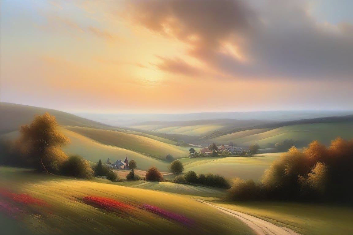 Oil painting of a hazy landscape, with rolling hills and a small village in the distance, realistic style inspired by Thomas Moran and Claude Monet, soft lighting, vibrant colors, detailed brushstrokes creating depth and texture.