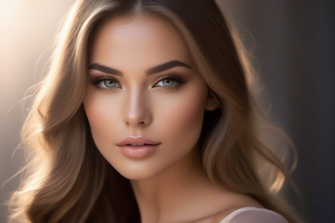 Close-up of a beautiful young woman, elegant long hair, with ambient light from the side, thin lips with gloss, fertile, sultry expression, hazy dreamy eyes, eye lids, blushing, half open mouth, biting lip, light makeup, warm, moist, oily complexion, fog and smoke