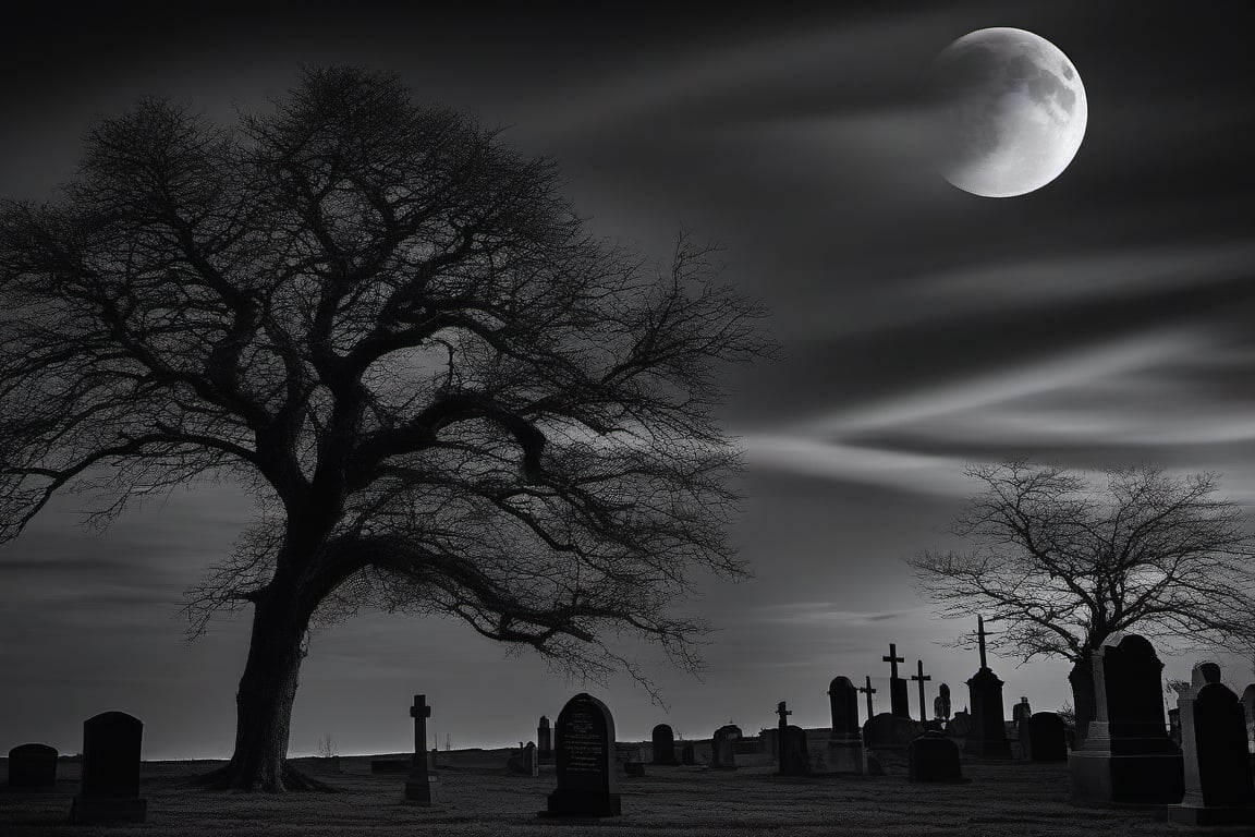 monochrome, greyscale, outdoors, sky, cloud, tree, no humans, night, bird, moon, scenery, full moon, bare tree, crow, tombstone