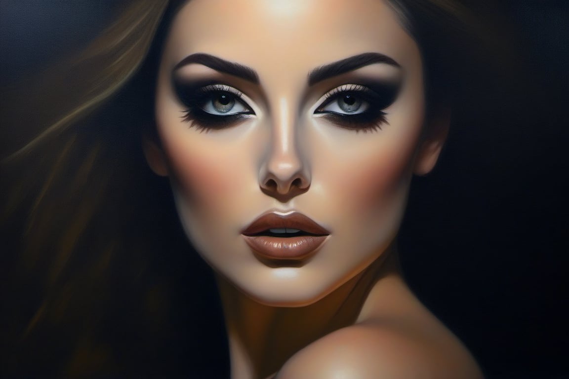  Dark and moody oil painting of a woman with piercing black eyes, inspired by the works of John Singer Sargent and Edgar Degas, long shot, realistic texture, dramatic lighting, intricate details on clothing and jewelry.,Face makeup,oil paint 