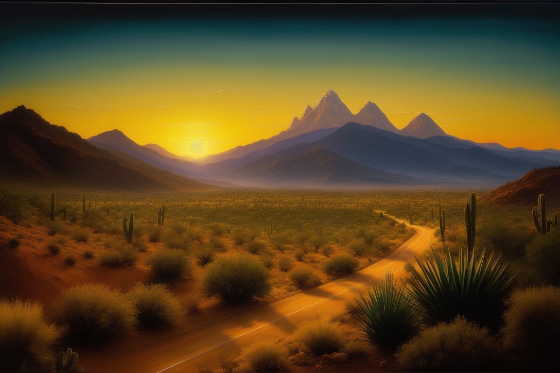 Landscape art of a dark desert highway at night, realistic painting, inspired by the song "Hotel California" by The Eagles, highly detailed with intricate cacti and mountains in the background, oil painting style like Thomas Moran or Frederic Edwin Church.