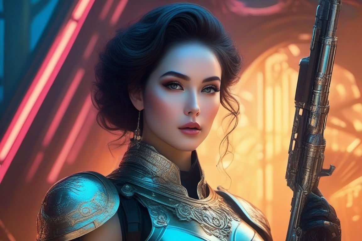 Beautiful woman in mechanical armor holding a rifle, mechanical arms, Full body shot,  intricate details, futuristic,, illustrated by Tom Bagshaw and Greg Rutkowski, 35mm lens, beautiful macro close-up imagery, vibrantly lush neon lighting, beautiful volumetric-lighting-style atmosphere, a futuristic atmosphere, intricate, ultra detailed, photorealistic imagery, trending on artstation, 4k, 8k,Face makeup