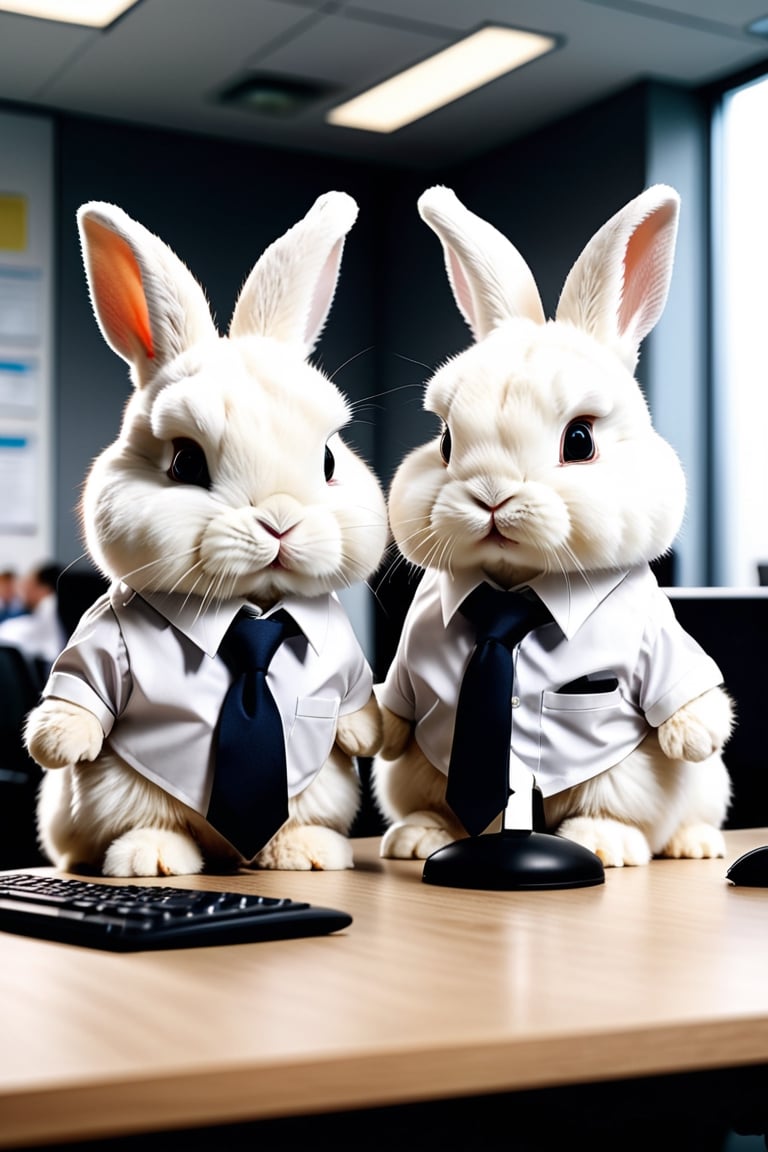 front view shot, Turn around and look ahead, Two cute little fluffy white bunnies wearing formal suit with a tie in a office with other bunnies around, the office is mainly white , with some computers and chairs.office has a white bright lighting. Xxmix_Catecat