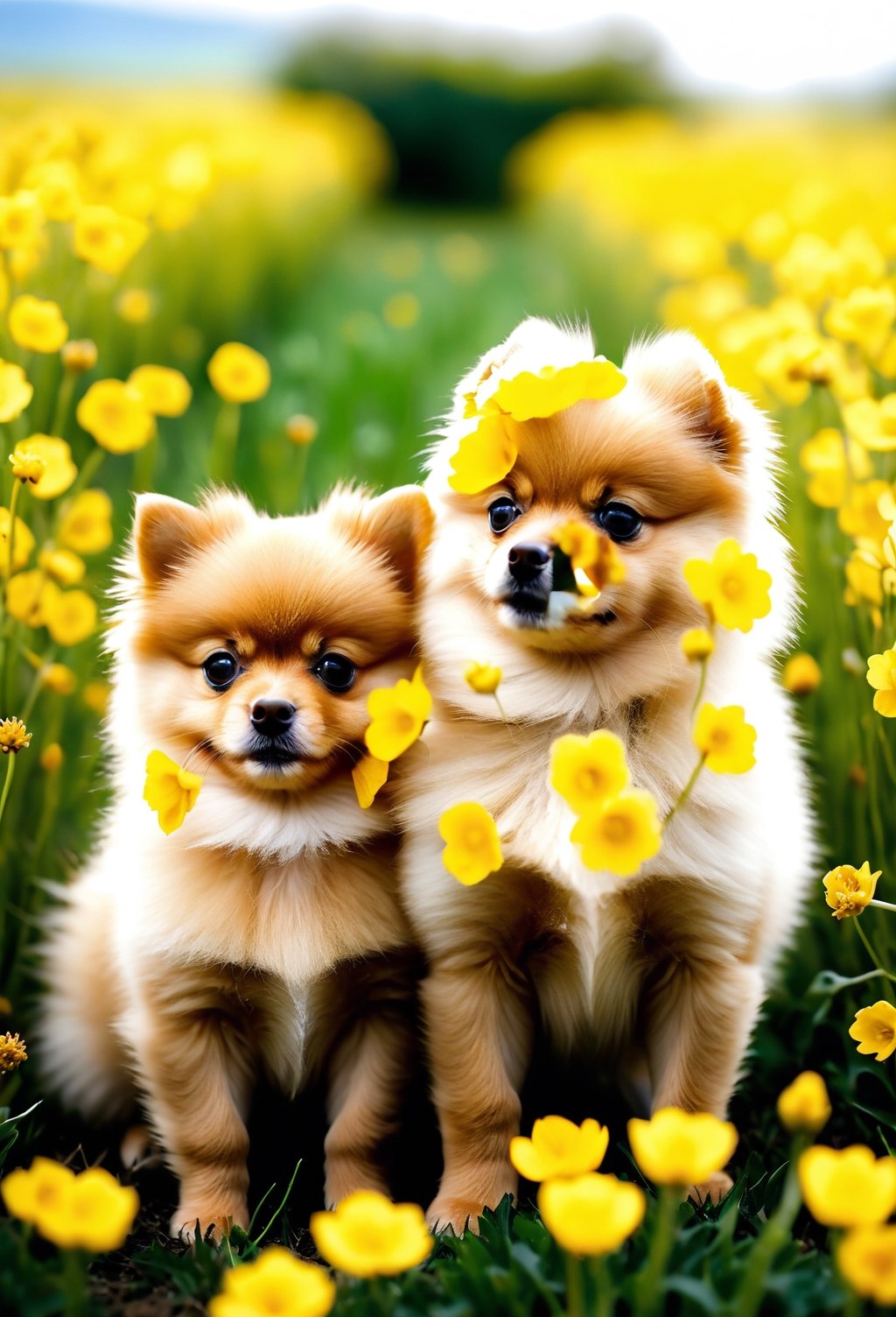 two cute and very super realistic light brown baby pomeranian puppies slightly look at each other in a grassland covered with yellow flowers. High quality, afternoon spring  