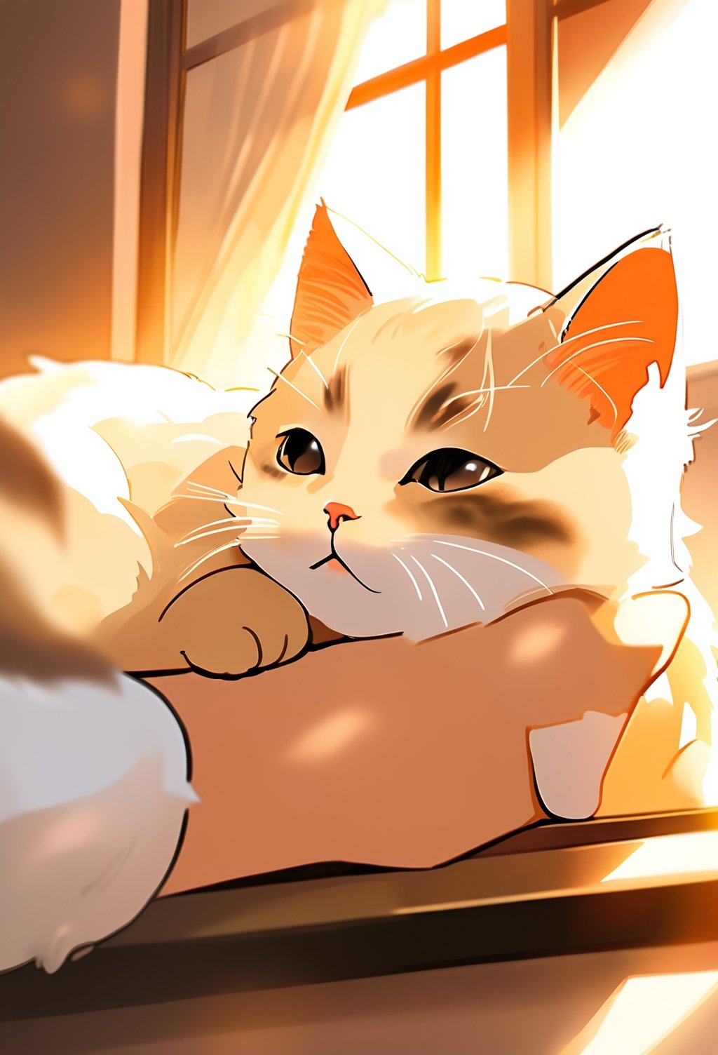 a cute little white kitten being tickled by its girl master. Kitten closed eyes, curled up, opens mouth. Only see master's hand, kitten on master's arm, in a house, golden hour, hallow light coms from the window. Close up view, Evening spring.