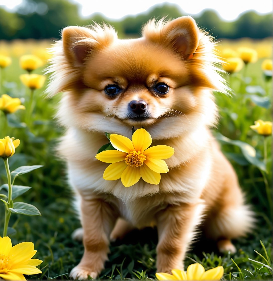 a cute and very realistic light brown pomeranian dog with a yellow flower on its head in a grassy field.